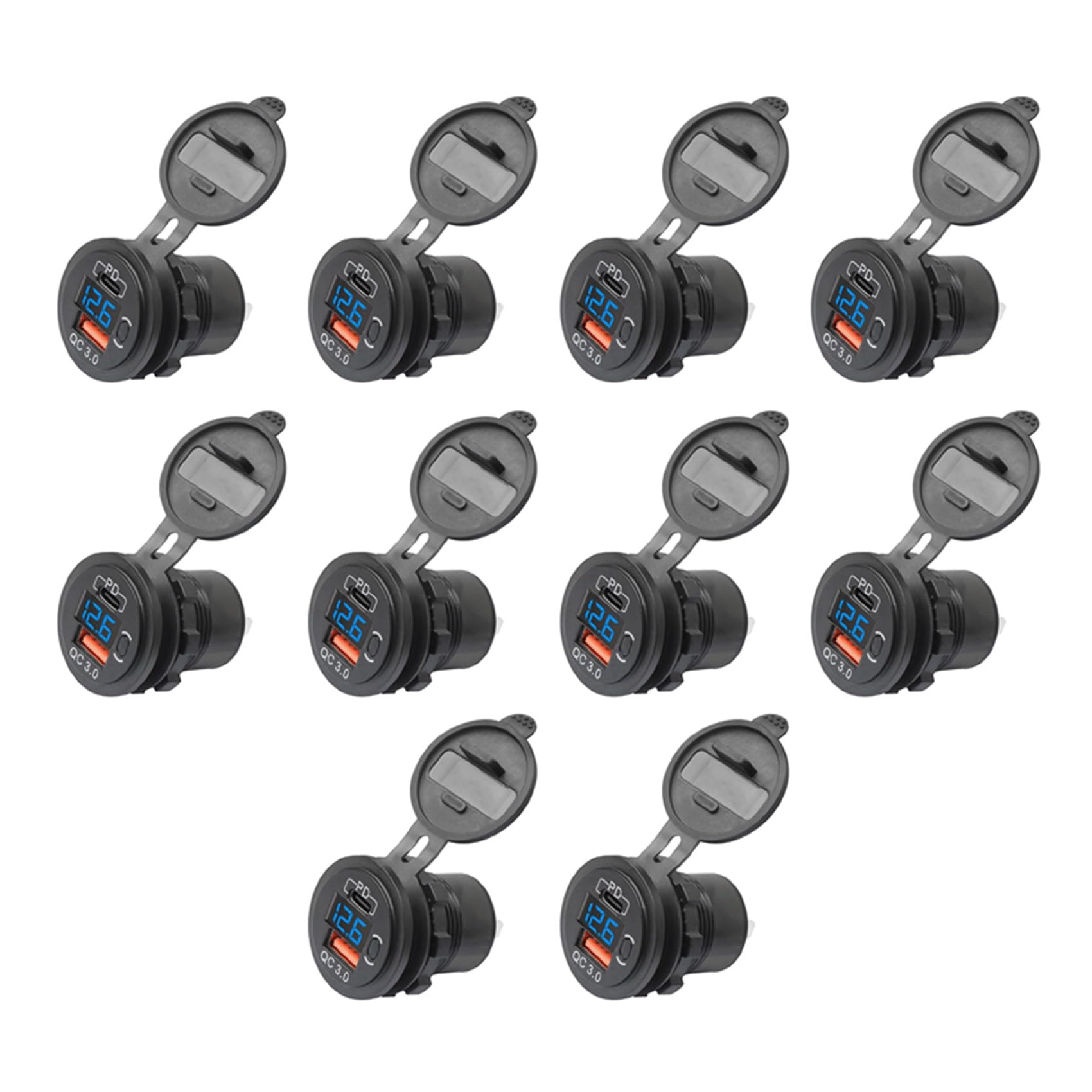 10X 12V-24V 48W Presa USB Impermeabile Caricabatterie Presa PD e QC3.0 Porta USB con Tensione LED per Auto Camion Golf Cart Blu