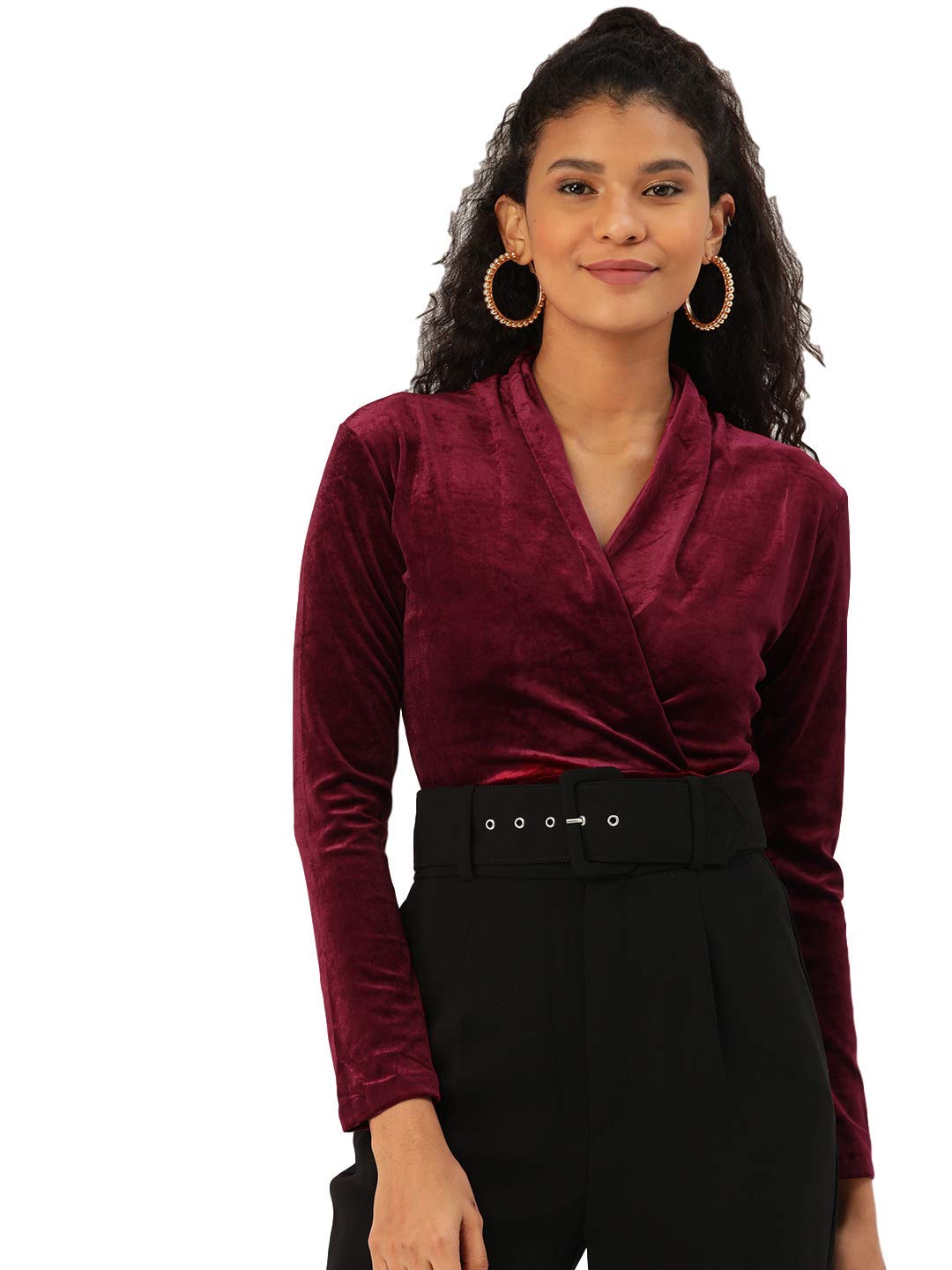 Women's Solid V Neck Long Sleeve Velvet Wrap Bodysuit || One Piece Full Sleeve Wrap Body Suit for Women || Women Velvet Wrap Style Top Casual Bodysuit with Button Closure