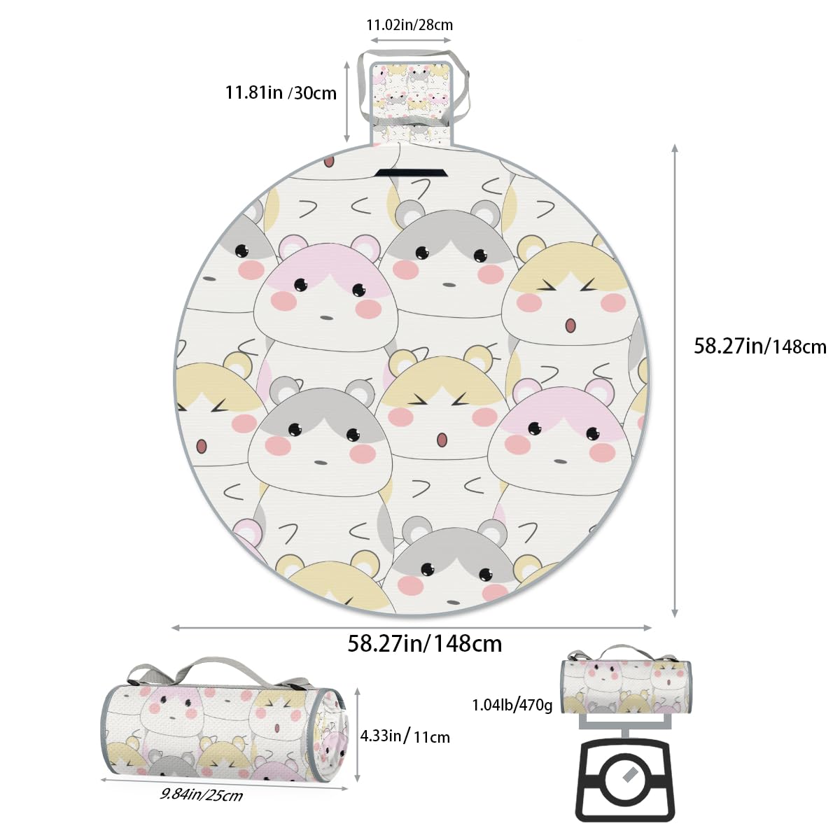 Shimoshe Cute Hamster Picnic Outdoor Blanket Foldable Waterproof Sandproof Beach Blanket Portable Water-Resistant Round Picnic Mat for Travel Camping Park Lawn