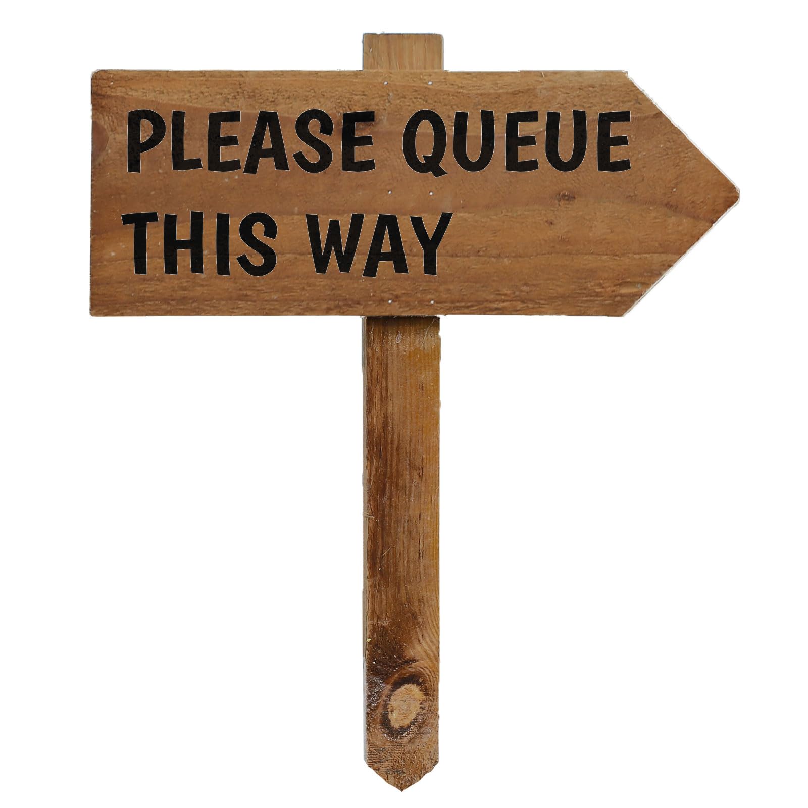 Outdoor Please Que This Way Sign with Stake, Wooden Arrow Pointing Right or Left, Party Pub Shop Garden Sign