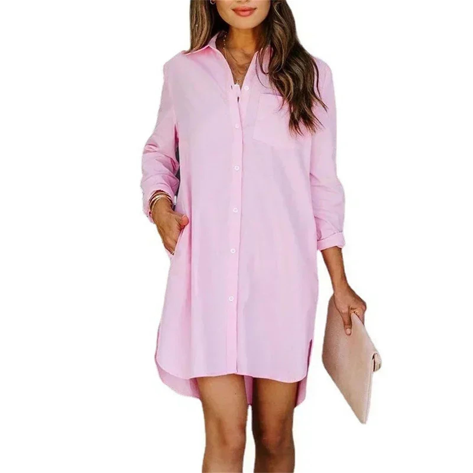 Blusa larga de color liso con botones para mujer, informal, holgada, de manga larga