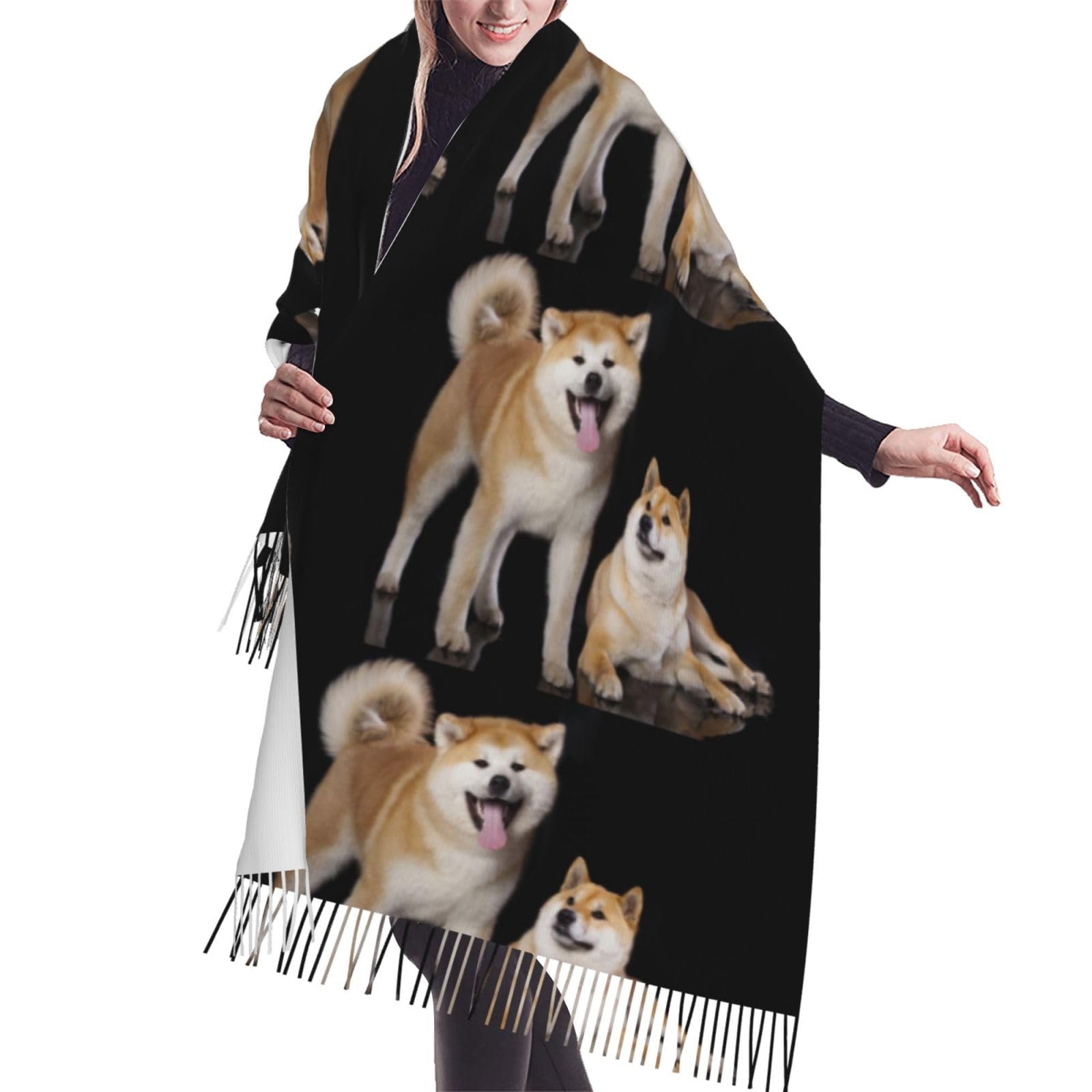 Poadnly Unisex As Picture Shiba Inu Akita Inu, Large Soft Cashmere Feel Shawls Wraps Women Fringed Scarf Light Stole 196X68 Cm