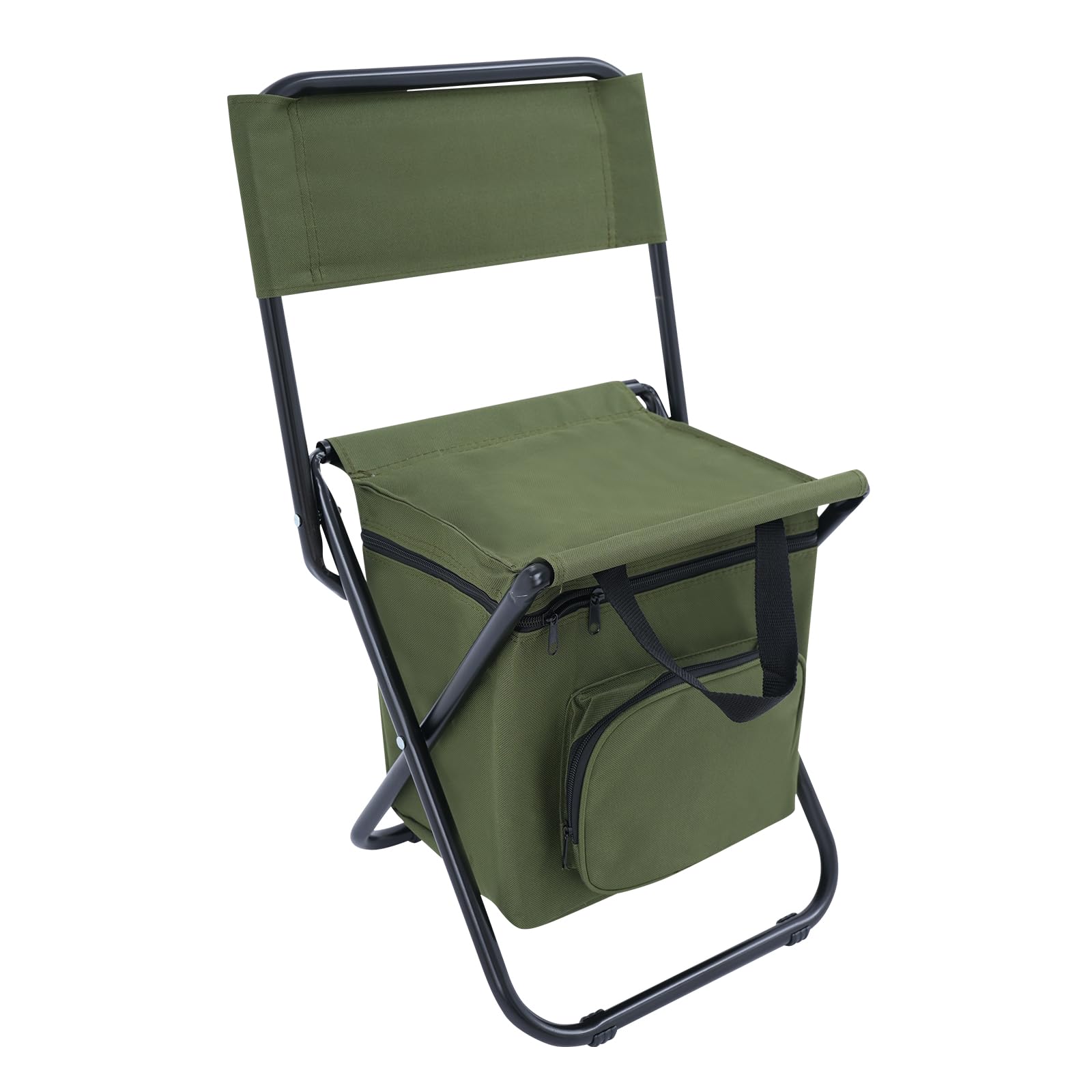 Vielrosse Camping Stool Folding Chair with Backrest & 10L Insulated Bag, Portable Collapsible Seat Small Chair Load Capacity 100kg for Camping Hiking Fishing 35 * 28 * 60cm (Military Green)