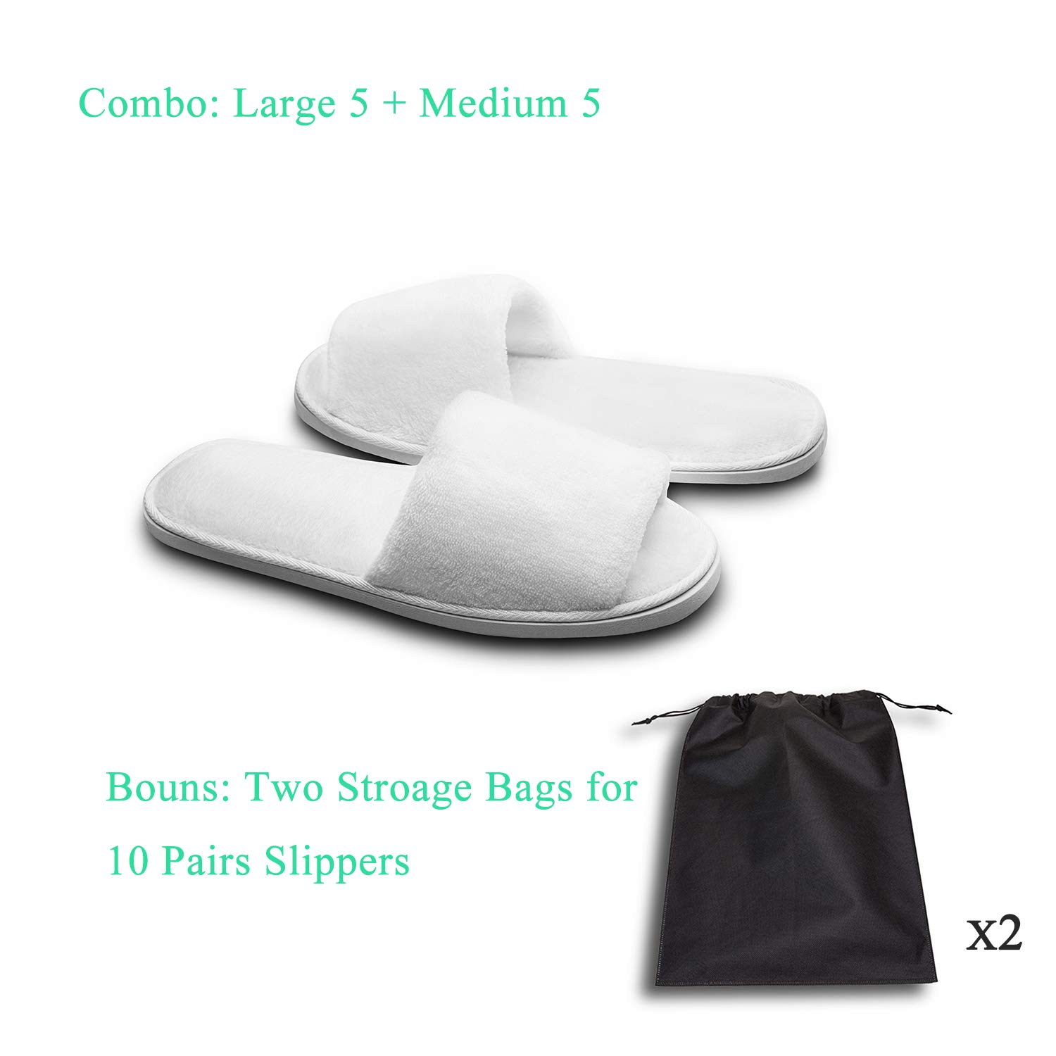 AhfuLife 10 pares de pantuflas de hotel, no desechables, de dos tamaños, lavables, blancas, para spa, invitados de fiesta y viajes, unisex (M + L, blanco)