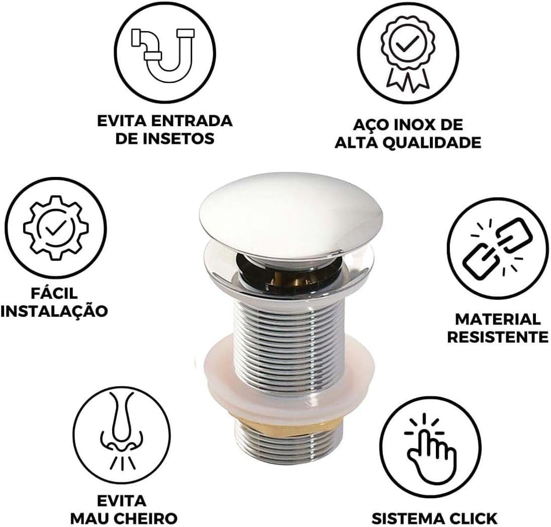 Válvula Click Luxo Aço Inox 304 Cuba Pia Banheiro Lavabo 7/8 Ralo Cor Prata - Brinovar Válvula Click Luxo Aço Inox 304 Cuba Pia Banheiro Lavabo 7/8 Ralo Cor Prata - Brinovar