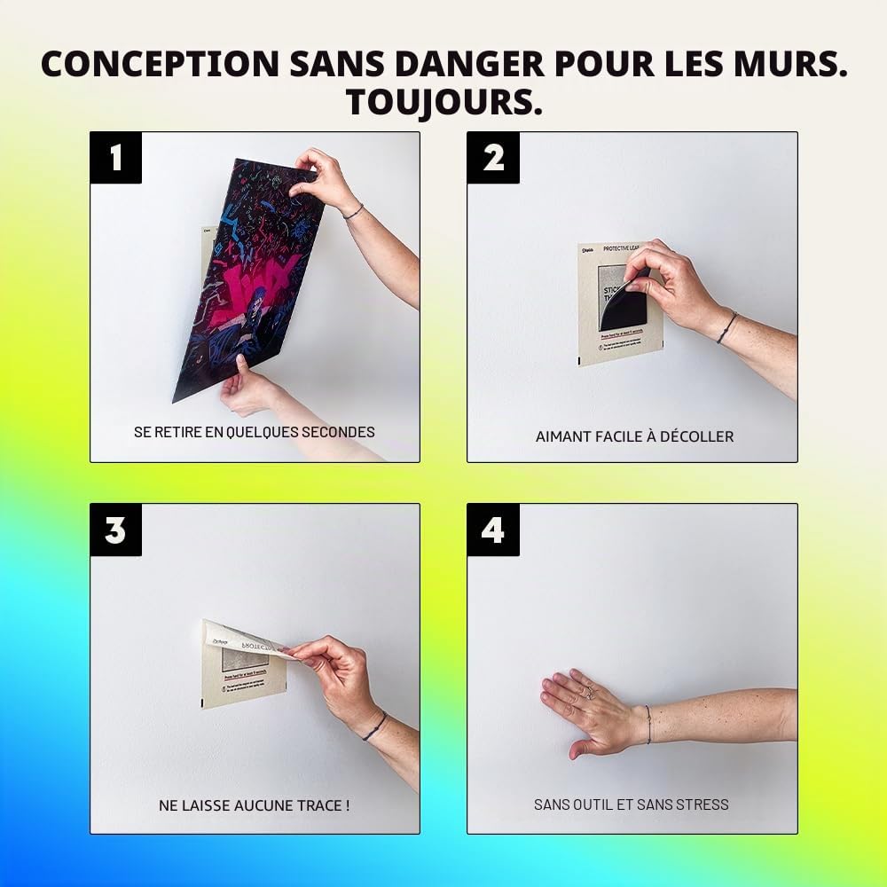 Displate Kit de support mural magnétique pour accrocher des tableaux, lot de 3 aimants muraux à décoller et coller avec adhésif amovible sécurisé – sans perçage, aimants sans dommages pour art mural