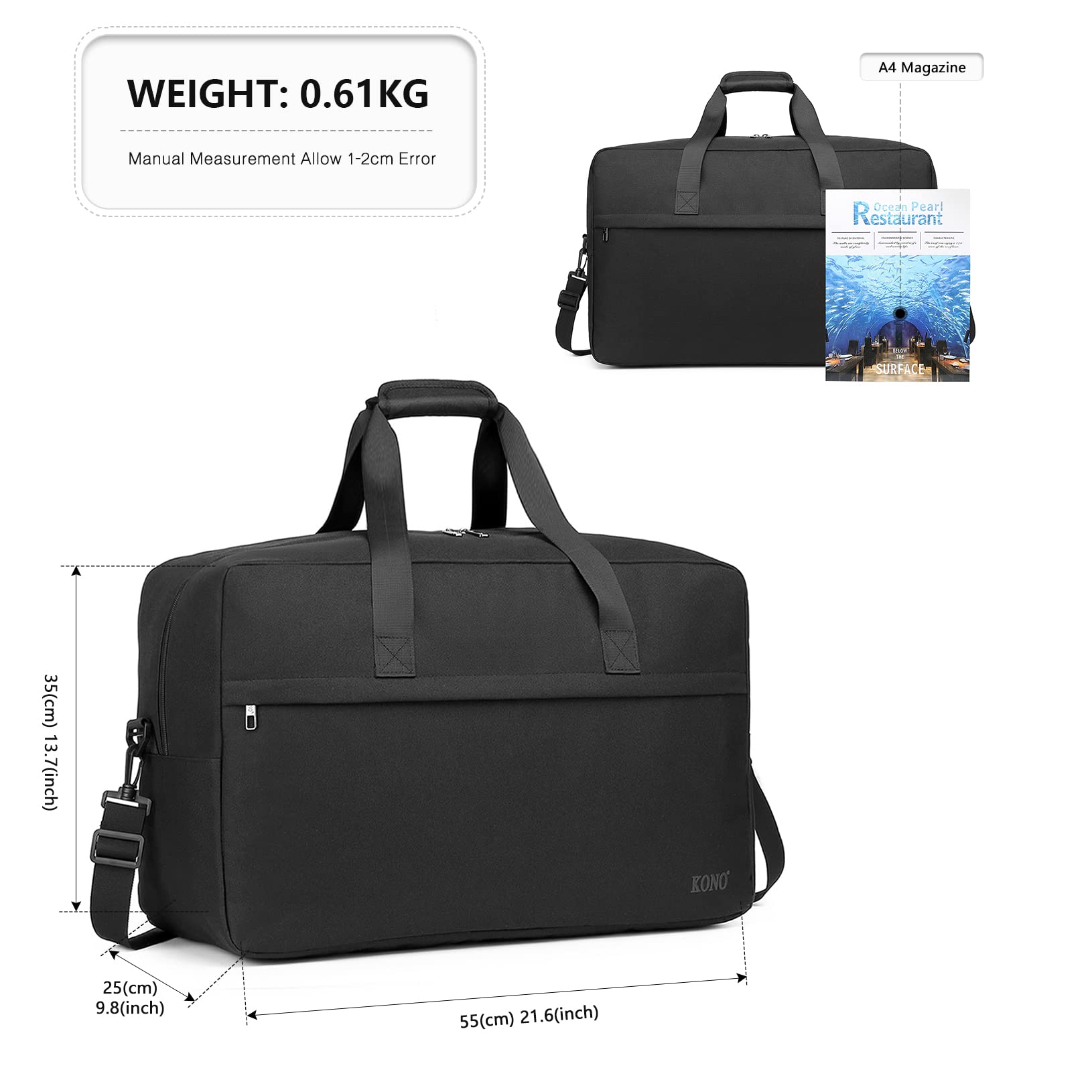 KONO Borsone da viaggio Grande capacità Overnight Weekender Bag 55x 35x 25cm 48L Bagaglio a mano leggero Borsa da ginnastica sportiva