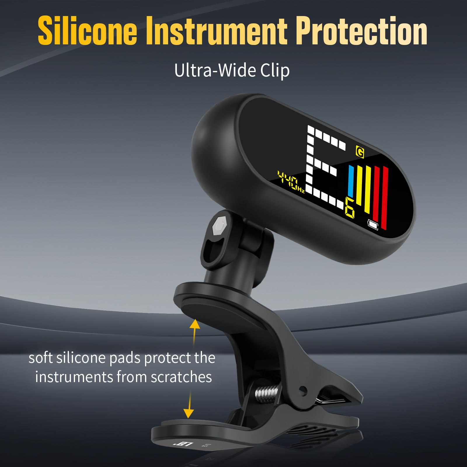 EX Professionelles, wiederaufladbares, chromatisches Stimmgerät für Gitarren, zum Anklippen, schnelles, ultra-präzises Clip-On-Stimmgerät mit Farb-LCD für Akustikgitarre, Bassgitarre, Ukulele und
