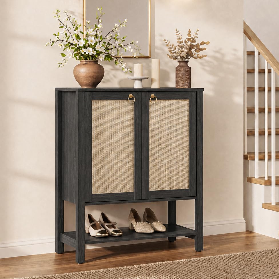 Image of SICOTAS Rattan Shoe Storage Cabinet, 5 Tier Shoe Organizer with Doors and Shelves, 24 Pair Capacity Tall Farmhouse Boho Shoe Rack for Entryway Hallway Living Room Closet, Obsidian