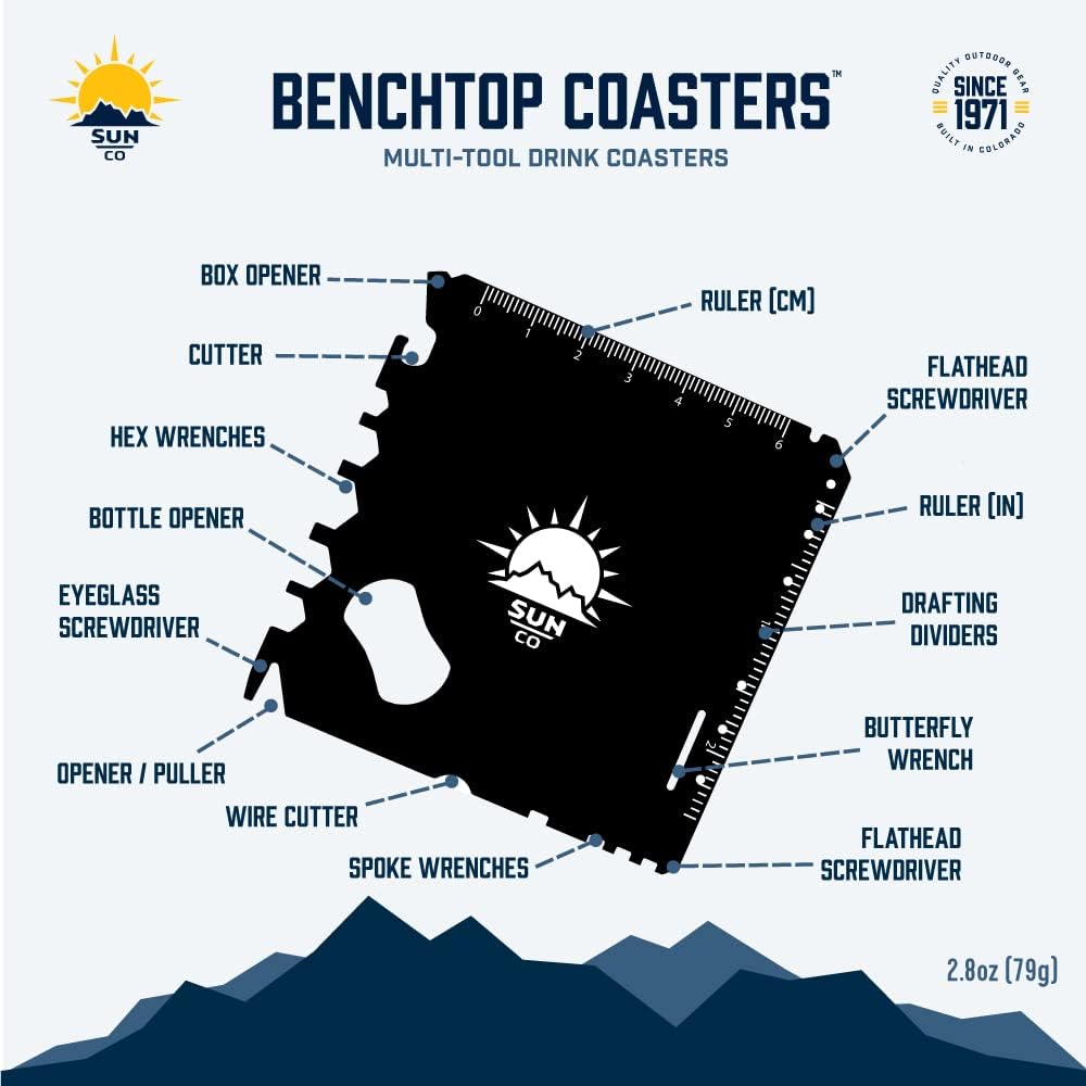 Sun Company BenchTop Coasters (2-Pack) - Coaster MultiTool with 22 Functions Including Screwdrivers, Wrenches, Rulers, Box Opener, Bottle Opener | Gift for Camping, BBQ's, Man Cave, or Work Shop