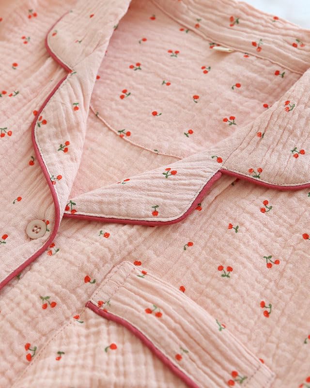 Image of codcm Womens Cotton Gauze Pajama Set Long Sleeve Button Up Shirt and Pants 2 Piece Cute Printed Pj Set