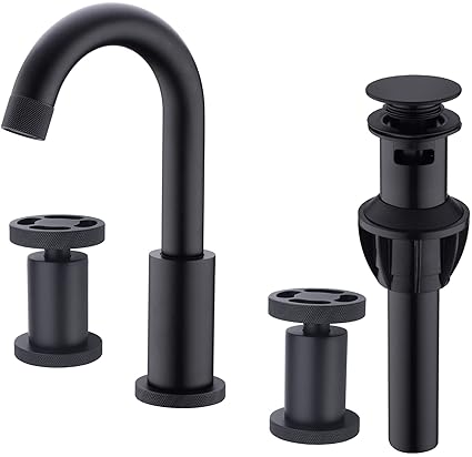 Black Bathroom Sink Faucet 2 Handle 8 Inch Widespread Basin Faucet with Solid Metal Knurled Handle, Overflow Pop Up Drain and cUPC Water Supply Lines Included, 3 Hole Matte Black Vanity Mixer Tap