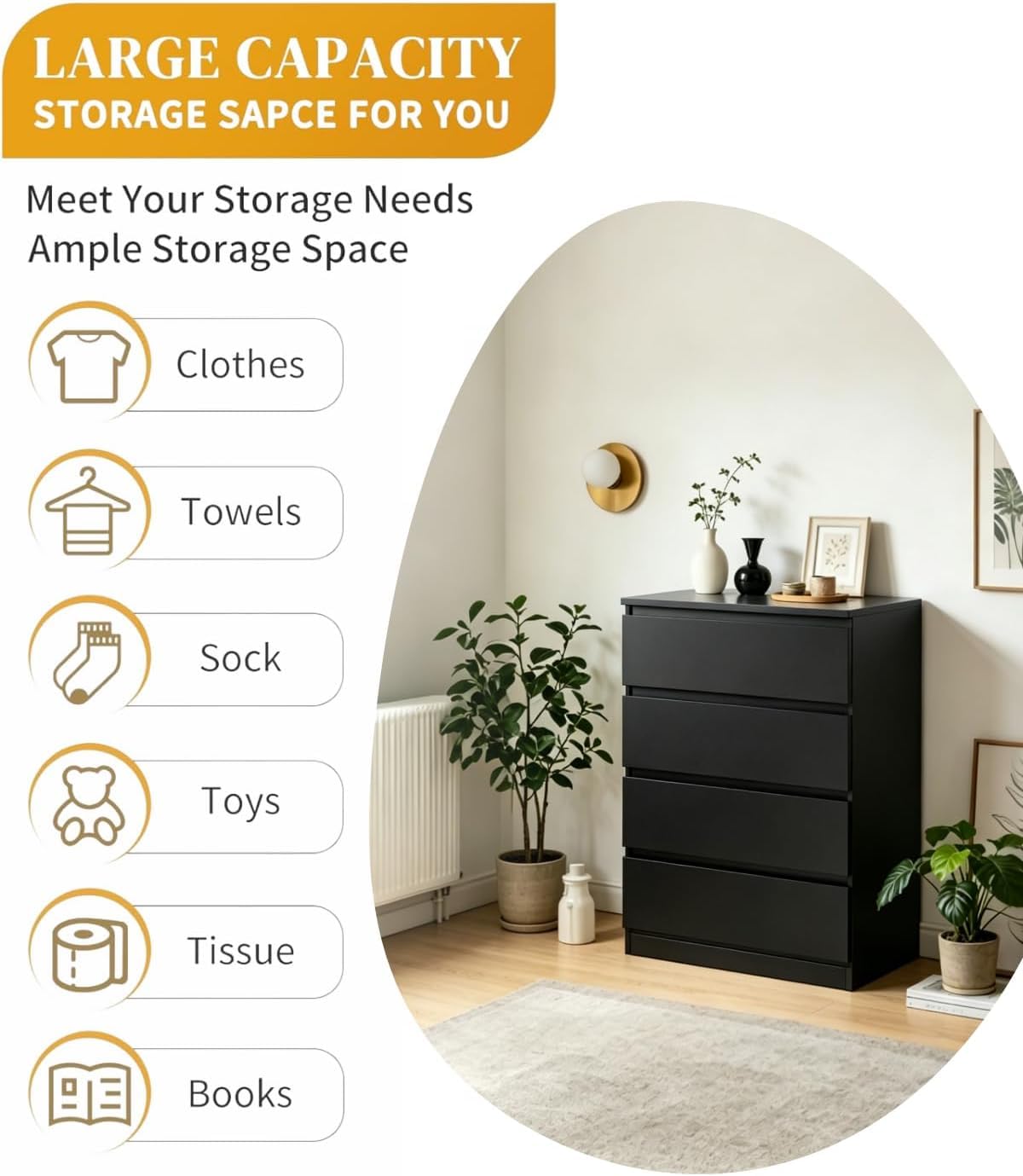 LEADZM Kommode Schlafzimmer Kommode mit 4 Schubladen, Schwarz