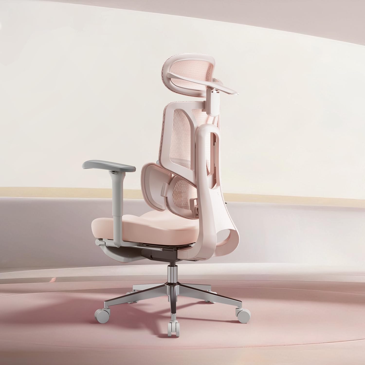 Hbada E3 Air Silla de Oficina Ergonomica - Soporte Lumbar Dinámico de 3 Zonas, Reposacabezas 3D y Brazos 4D, Silla Ergonomica Escritorio Sin Pedales (Rosa)