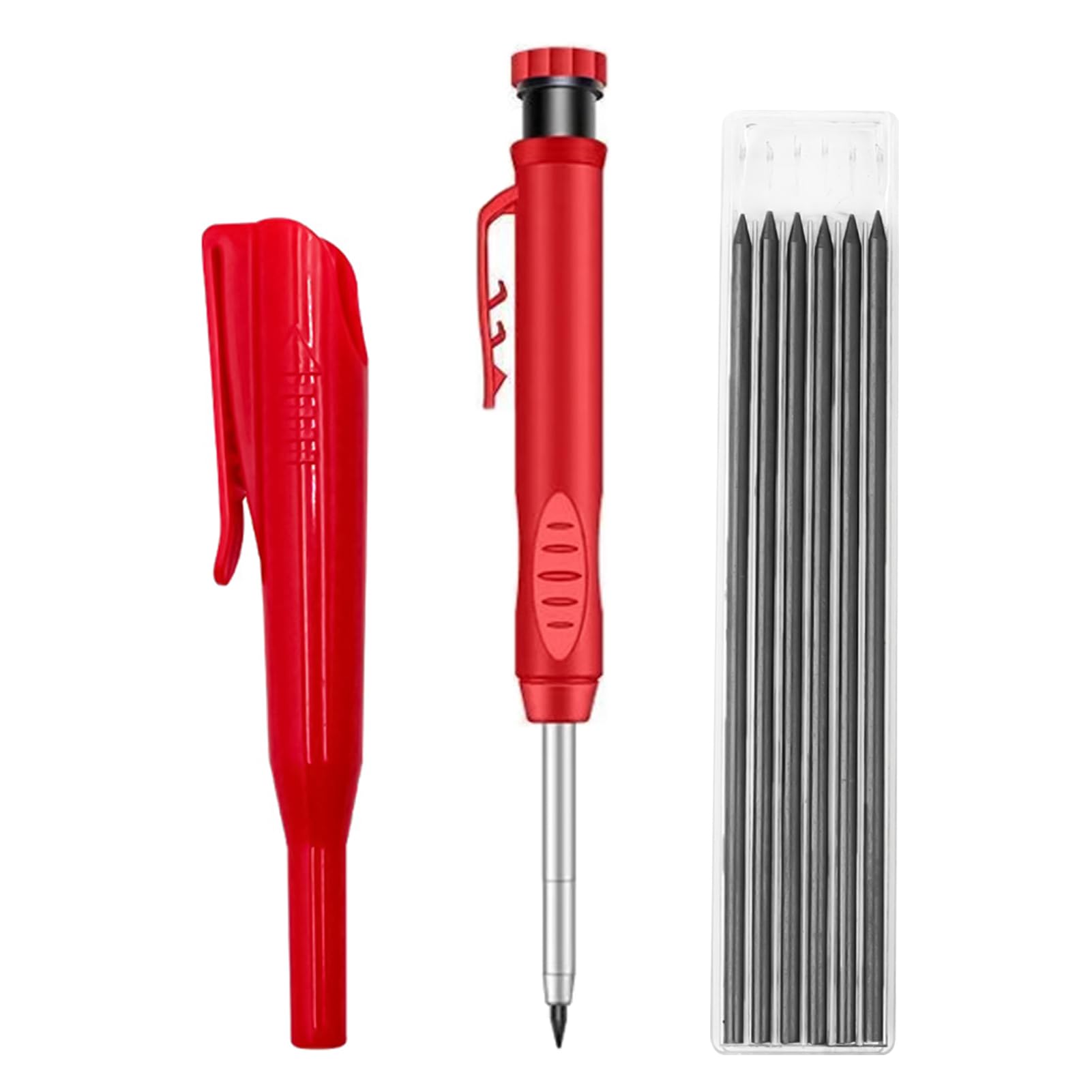 Matita da Carpentiere, Matita Falegname Meccaniche con 6 Ricariche 2,8mm, Matite Punta Lunga per Fori Profondi con Temperamatite Integrato Custodia Protettiva, per Legno Metallo Cemento Vetro Plastica