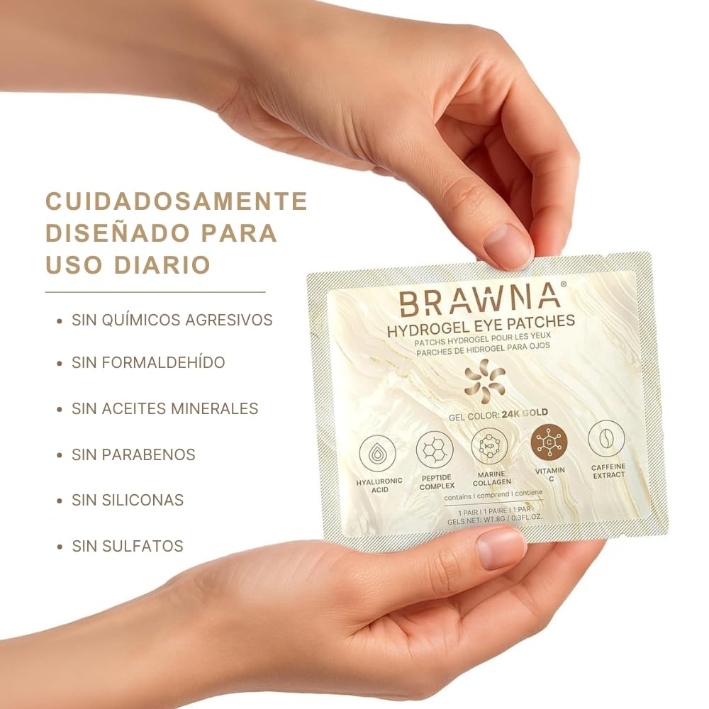 BRAWNA UnderEye Patches – Hydrogel Masks with Vitamin C, Caffeine & Collagen – For Dark Circles, Puffy Eyes, Wrinkles & Tired Skin – 24K Gold Skincare – 24 Pairs - Image 4