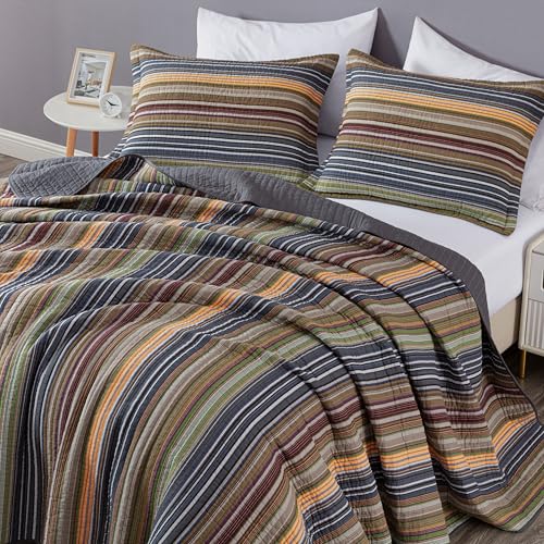 Image of Chezmoi Collection Avery Striped Cotton Quilt Set Queen Size, 3-Piece Soft Pre-Washed 100% Cotton Quilt, Multi-Color Green