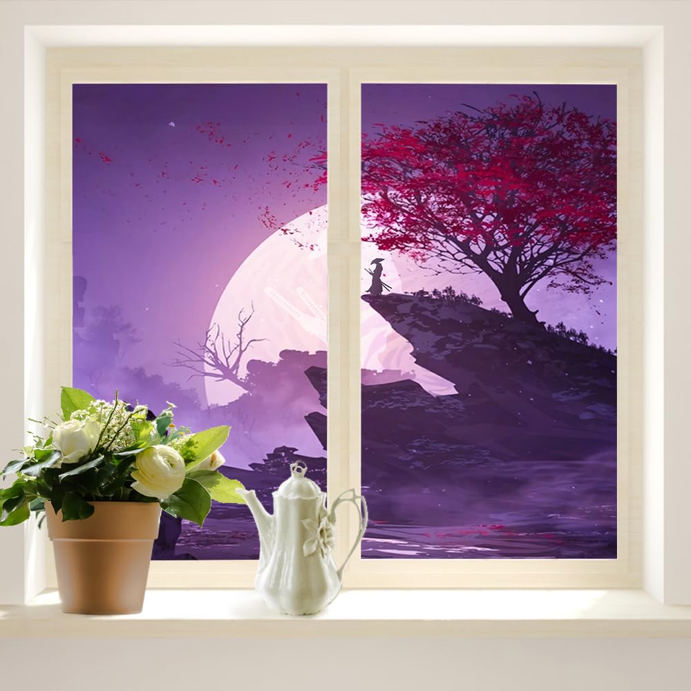 COALHO Misty Forest Home Window Film Fantasy Japanese Style Samurai Foggy Mountains Moon Suitable for living room,kitchen,bathroom,90W x200L(CM) x2Pcs