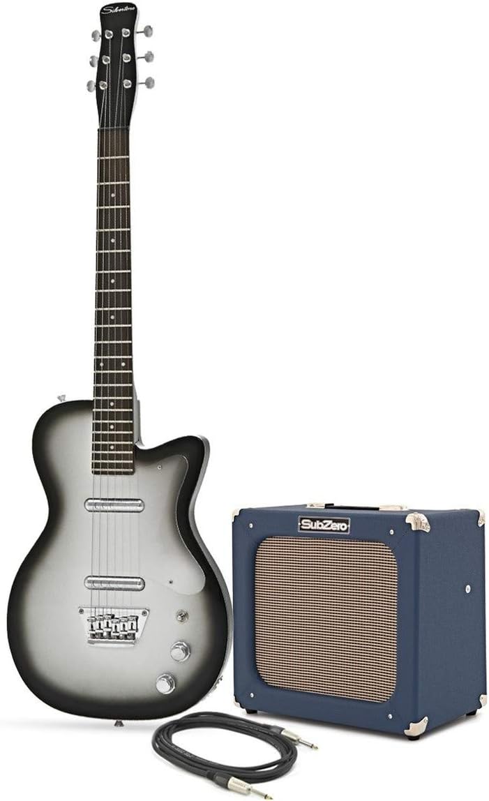 Silvertone 1303/U2 Electric Guitar + SubZero Tube20R Amp Pack, Silver