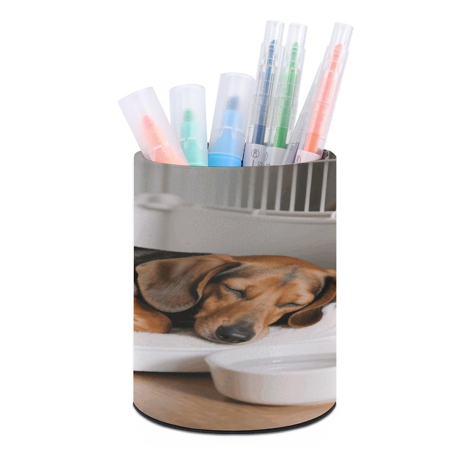 VstaDank Dachshunds Dog Pen Holder Round Pencil Holder Cup Pen Container PU Leather Desk Organizer Stand Decor Brush Scissor Holders Decoration Office Desk Home (3.1 X 3.9 Inches)