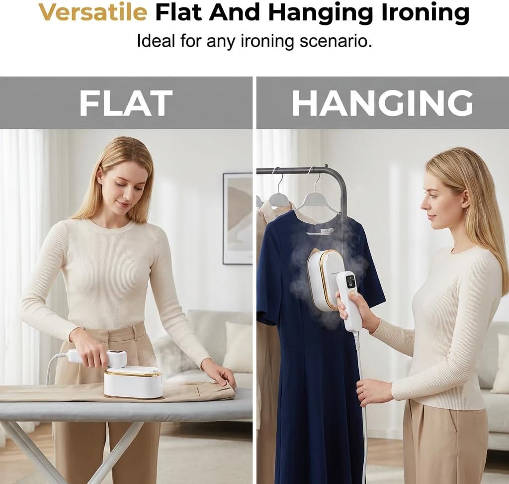 Portable Travel Steamer for Clothes,1200W Powerful 2-in-1 Clothes Steamer Handheld,3 Steam Levels Clothes Steamers Iron with LCD Screen,Powerful Wrinkle Remover for Home, 10S Fast Heat-Up (White)