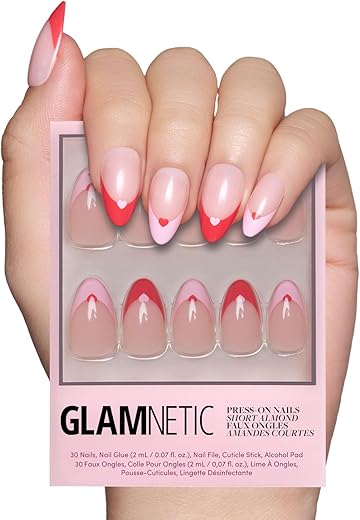 Glamnetic Press On Nails - Pure Hearted | Glossy, Semi-Transparent Short Almond Nails with Heart Accents, Salon Quality Valentine’s Nails | 15 Sizes - 30 Nail Kit with Glue