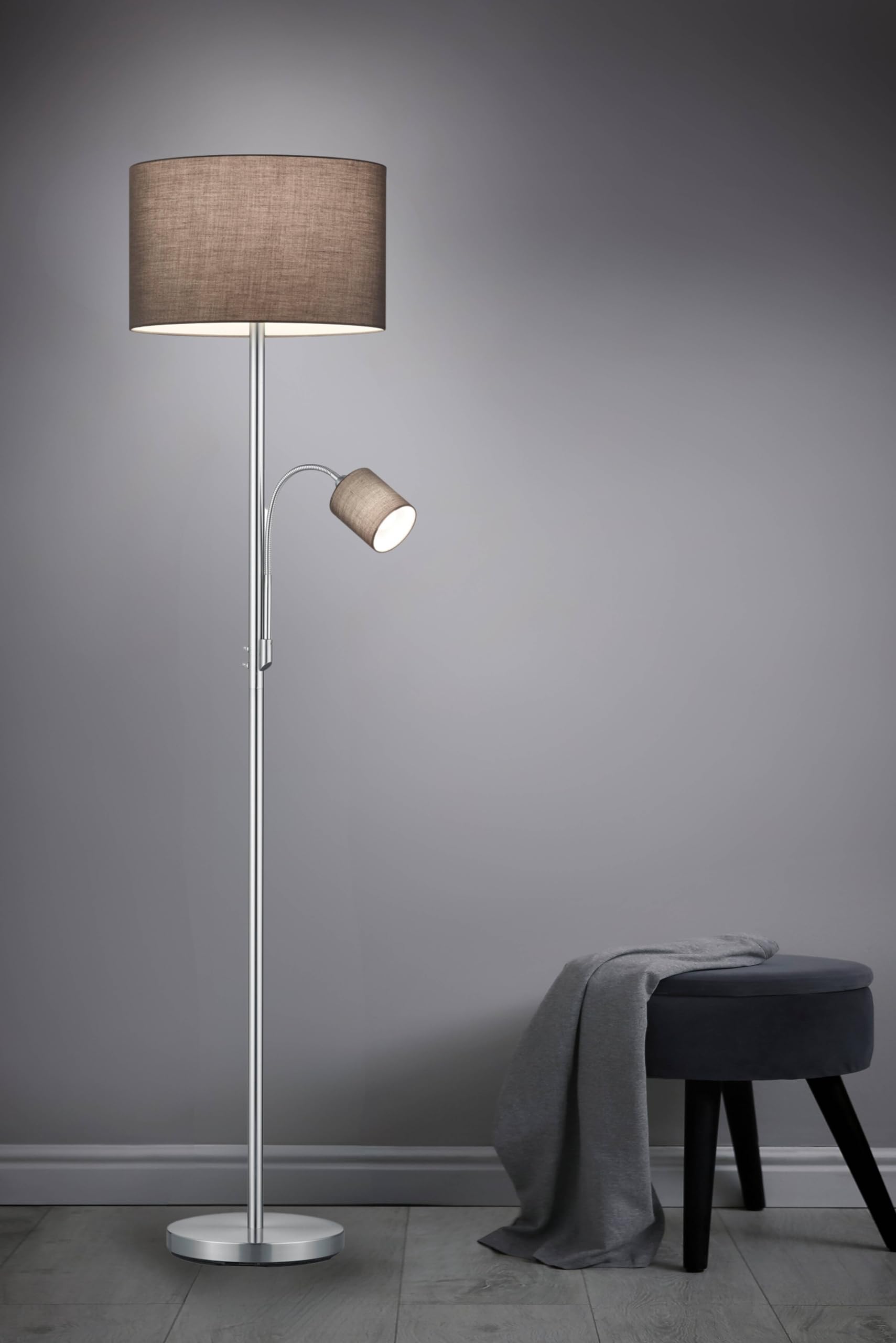modern Stehleuchte mit Lesearm in nickel matt, Stoffschirm anthrazit, exkl. 1 x E27 max. 60W und 1 x E14 max. 18W, ø 35 cm, Höhe: 170 cm