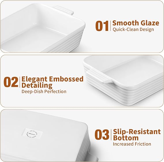 Jassceram Ceramic Casserole Dish, 4.9L Deep Rectangular Lasagna Pan Baking Dishes with Handles Large Porcelain Oven Safe Bakeware for Cooking Brownie Banquet Mac&Cheese-15.2