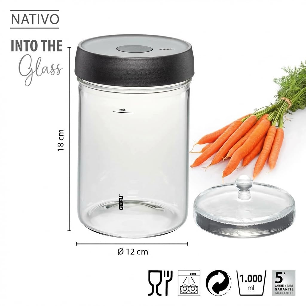 GEFU NATIVO - Bicchiere da fermentazione da 1 litro, con peso di ponderazione, vetro fermentazione con peso e coperchio, trasparente, da inserire e fermentare