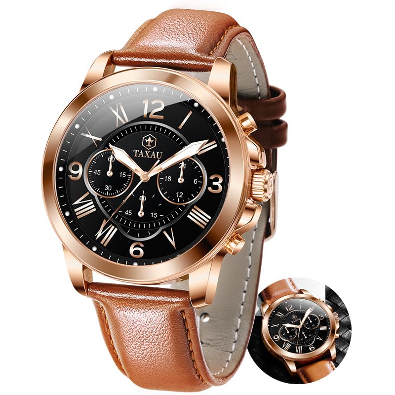 Taxau Klassische Herren Lederuhr Analoge Quarzuhr Männer Chronograph Armbanduhr Wasserdicht Schwarzes Gesicht Mode Stil Männer Ernennung Uhren