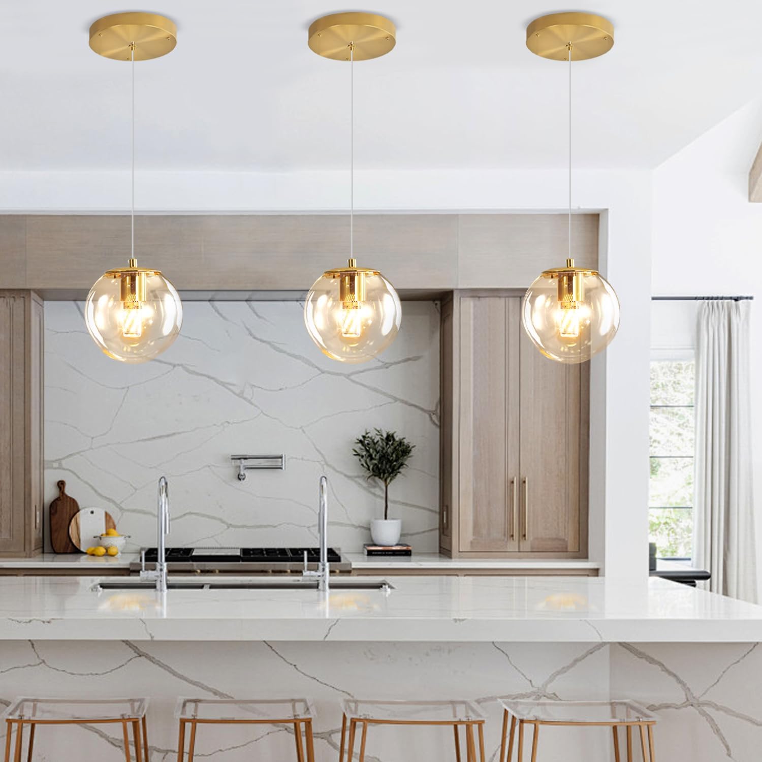 Pendant Lights Kitchen Island Gold Globe Pendant Light Fixture,Mid Century Chandelier 1-Light Hanging Fixture for Kitchen Island,Adjustable Length Indoor Lighting for Dinning Room Bedroom Gold 1-Light Clear Glass