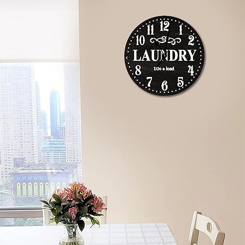Miniatura 4 de Reloj de lavandería negro, reloj de pared silencioso de 10 pulgadas, funciona con pilas, reloj de pared retro para baño, relojes de pared de madera