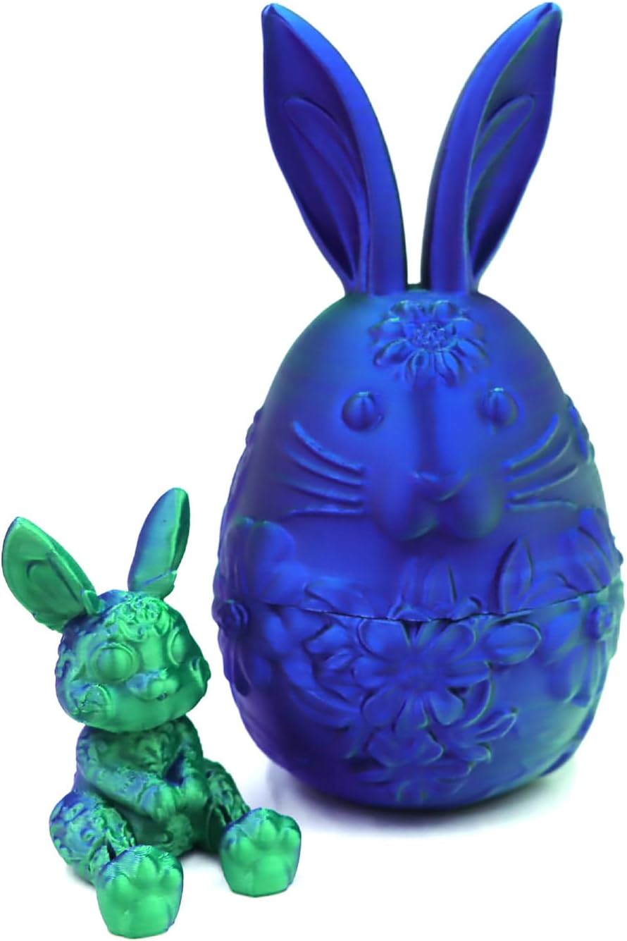 6" 3D Printed Easter Bunny Surprise Egg – Colorful Floral Egg with Articulated Rabbit Model, Spring Decor, Easter Basket Stuffers & Party Favors (BlueGreen)