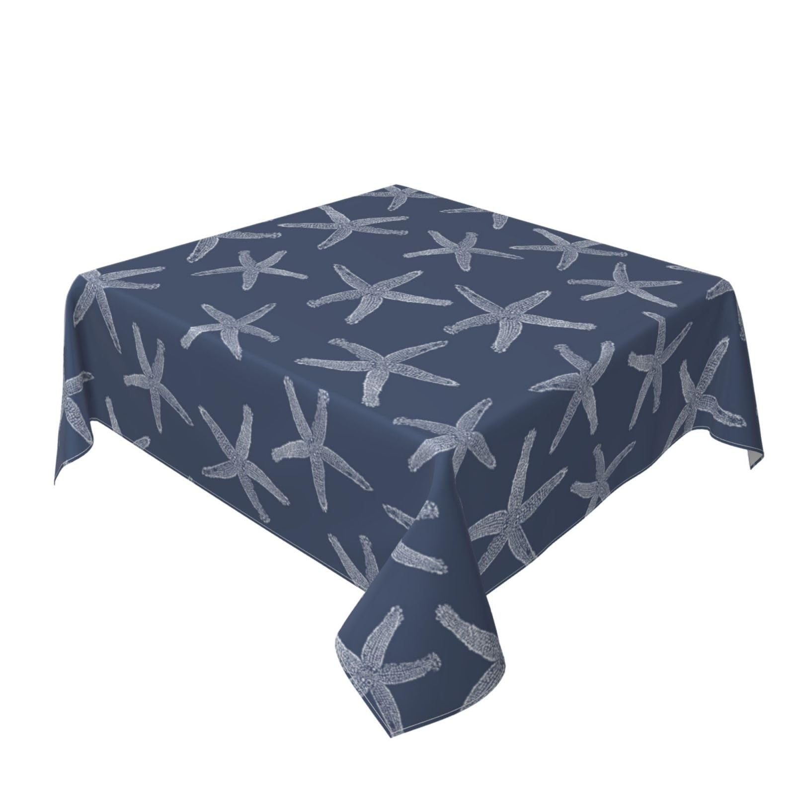 Nautical Coastal Tablecloth 60x60 Inch Square Navy Blue Starfish Table Cloth Summer Beach Ocean Decoration Stain Resistance Polyester Square Table