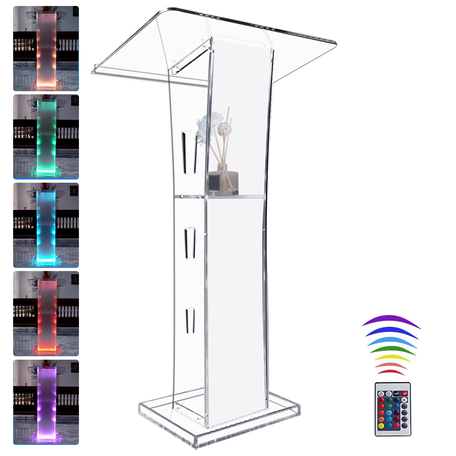 Afitdon Podium en acrylique transparent avec étagère de rangement, chaire d'église avec 15 couleurs de lumière LED de couleur, support de stabilité, pour église, conférence, mariage, salle de classe