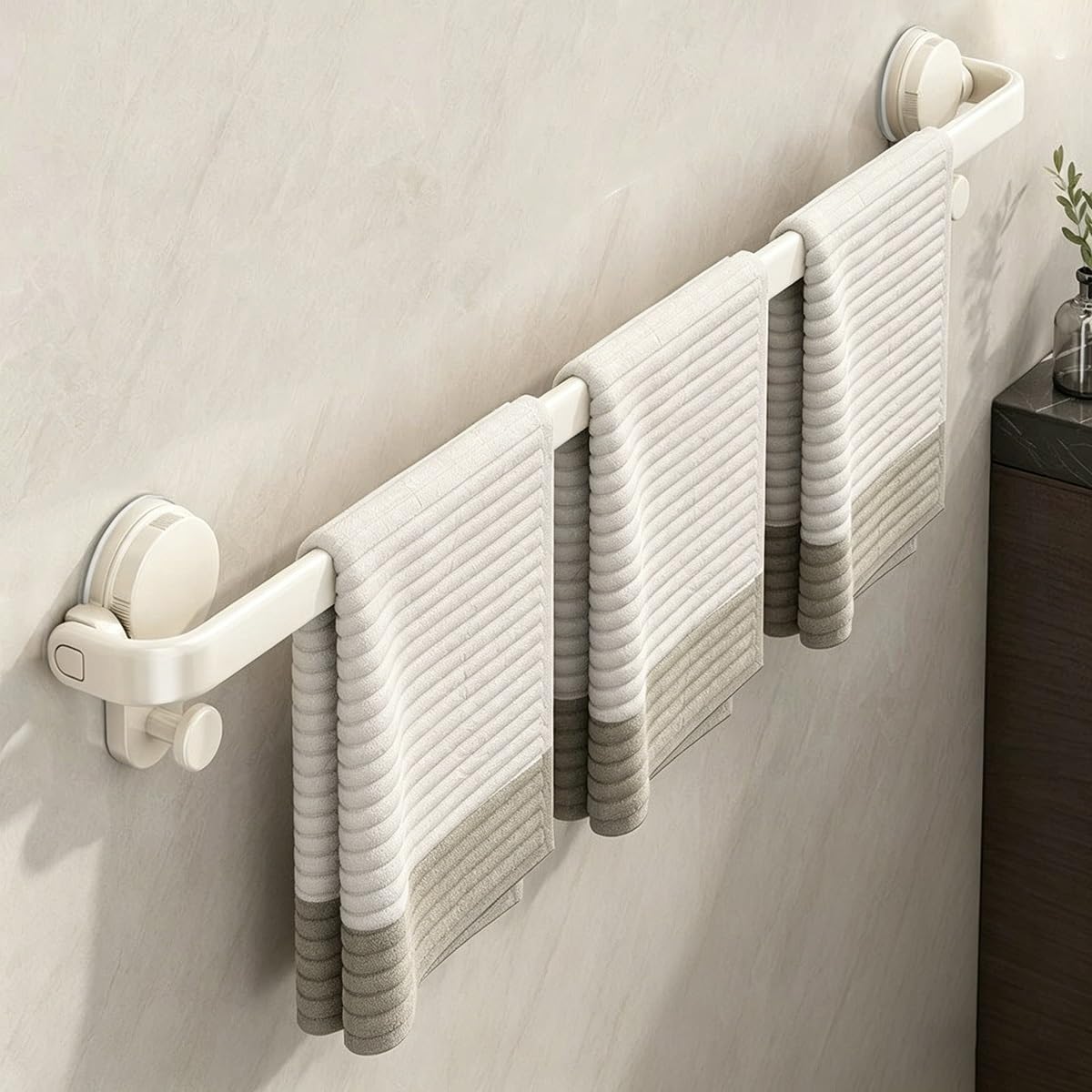 Saugnapf Handtuchhalter 90° Klappbar, Handtuchstange Ohne Bohren Aus Aluminium, Abnehmbare Einzelstange Mit Zwei Haken Für Badezimmer Dusche Küche Wohnmobil Wandmontage(Weiß,80cm/2.6ft)
