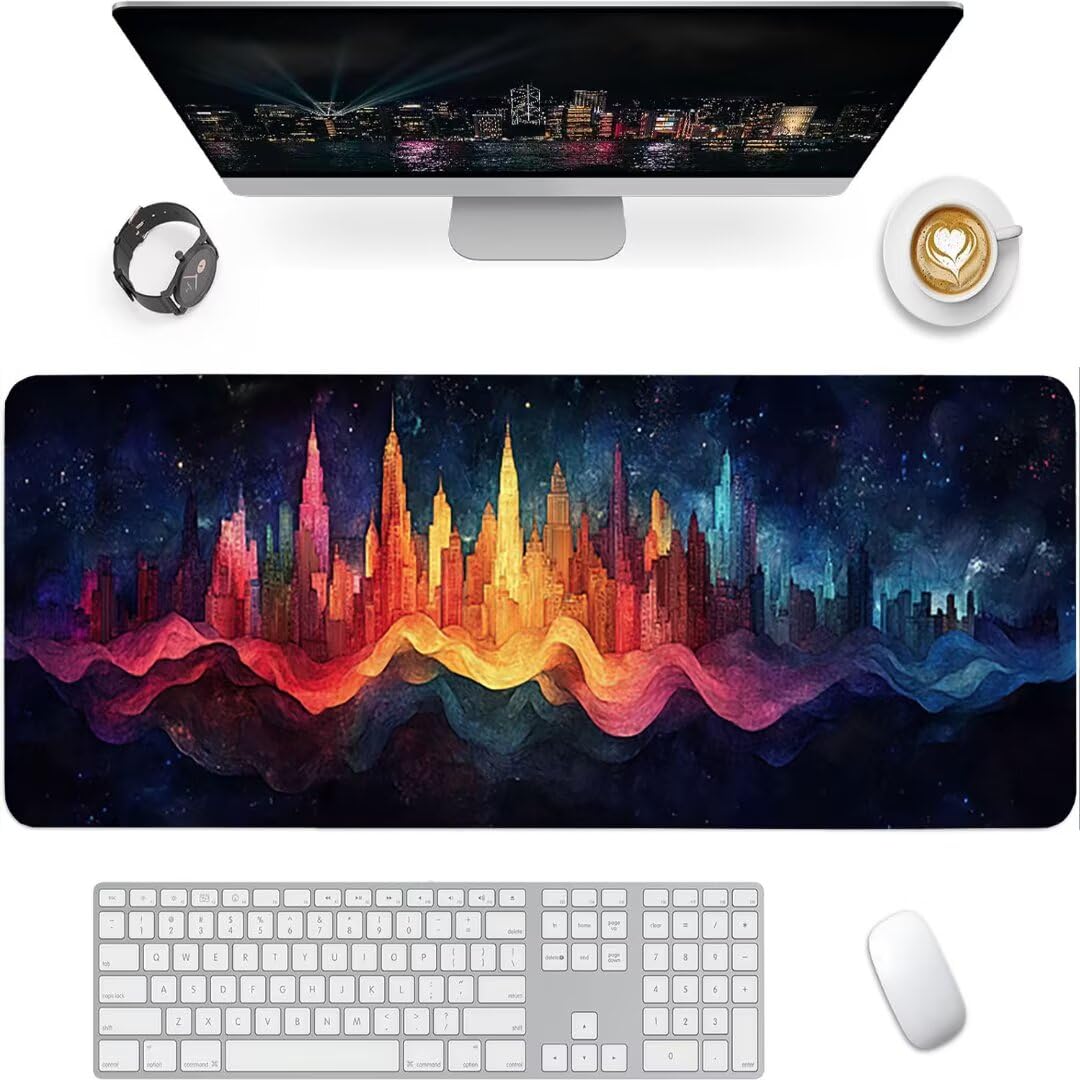 Podkładka pod mysz XXL wielokolorowe miasto, podkładka pod mysz XXL - 1400 x 600 x 3 mm - duża podkładka pod mysz do szycia, wodoodporna i antypoślizgowa, do PC, laptopa - poprawia dokładność i