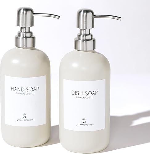 GraceHomewares Dispensador de jabón de cerámica para platos para fregadero de cocina, juego de dispensador de jabón de cocina, soporte de jabón,