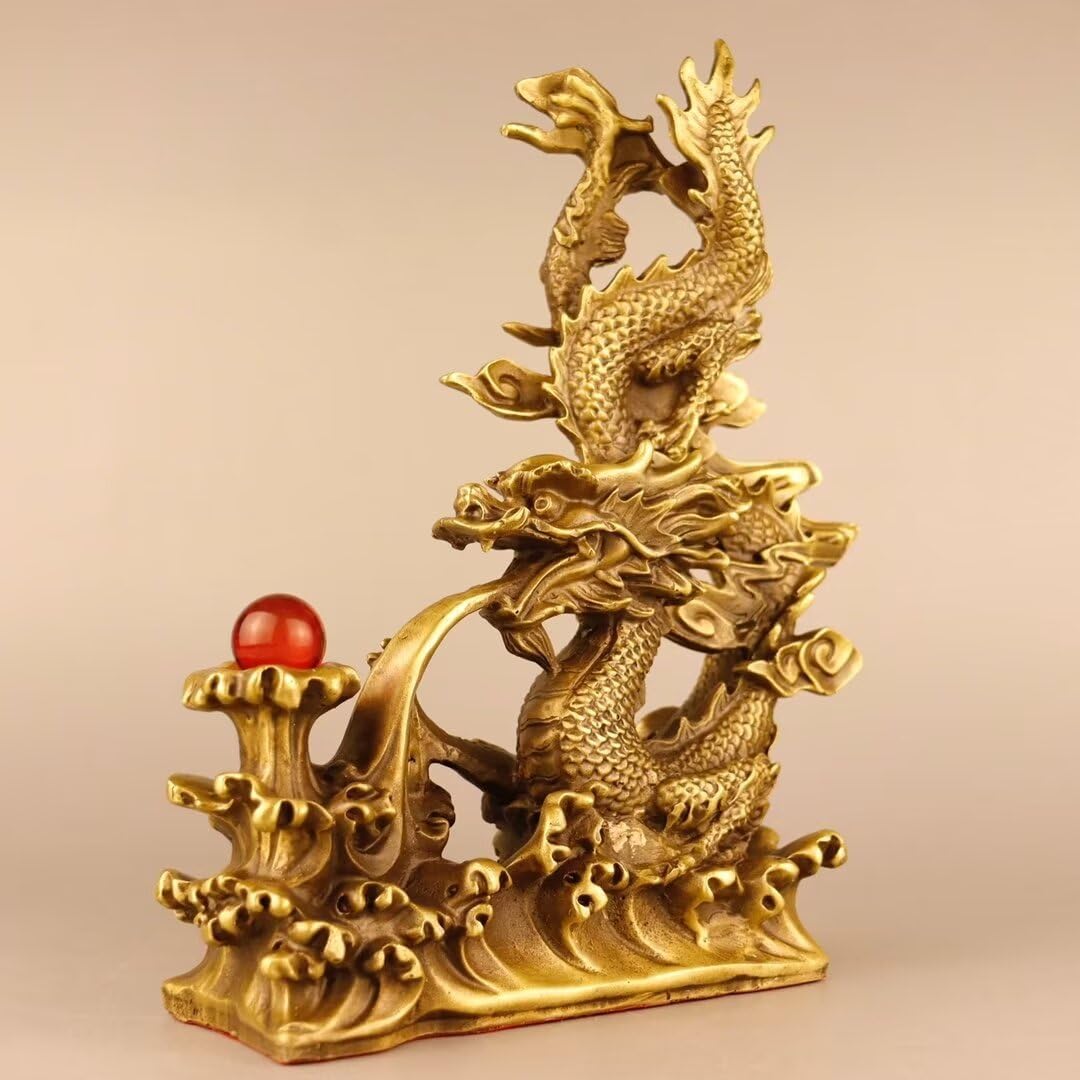 Chińska mosiężna rzeźba z drewna czysta miedź Feng Shui smok statua dom biuro biurko przynosząca szczęście dekoracja 6,7 x 2 x 7,9 cala 1,1 kg