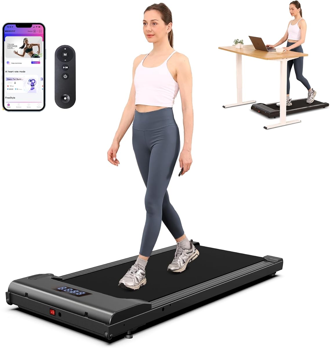 Lichico Walking Pad Under Desk Treadmill，Portable Small Treadmills for Home and Office，Super Quiet Brushless Motorized Walking Jogging Running Machine with Remote Control