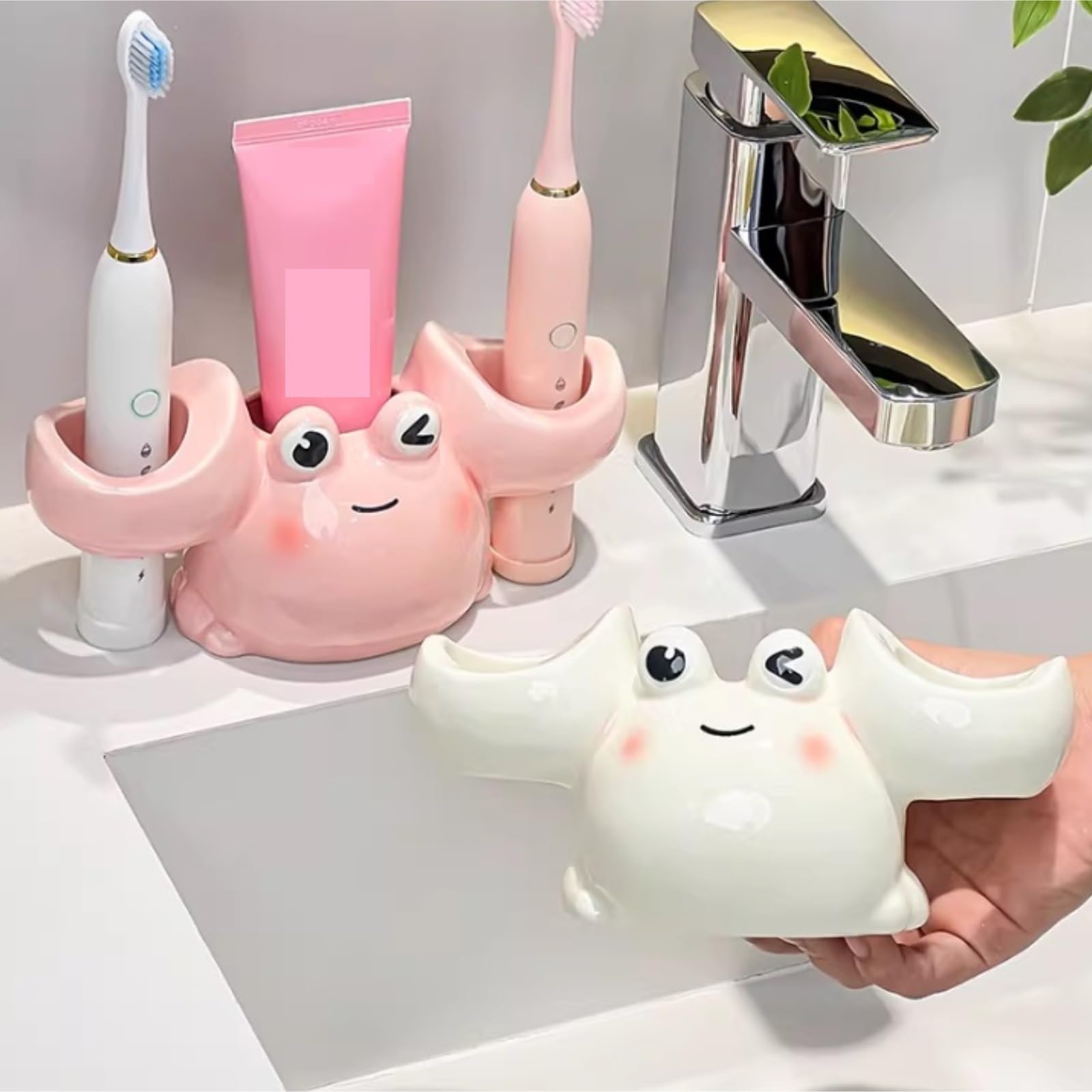 Porta Cepillo Dientes Baño Accesorios De La Encimera del Tenedor Cepillo Dientes Forma Cangrejo Cerámica For El Cuarto Baño Hogar Y Cocina(Pink)