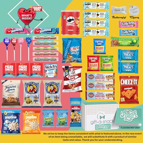 Image of Gift A Snack - Thank You Snack Box Variety Pack Care Package + Greeting Card (45 Count) Appreciation Sweet Treats Gift Basket, Candies Chips Crackers Bars - Office Food Assortments