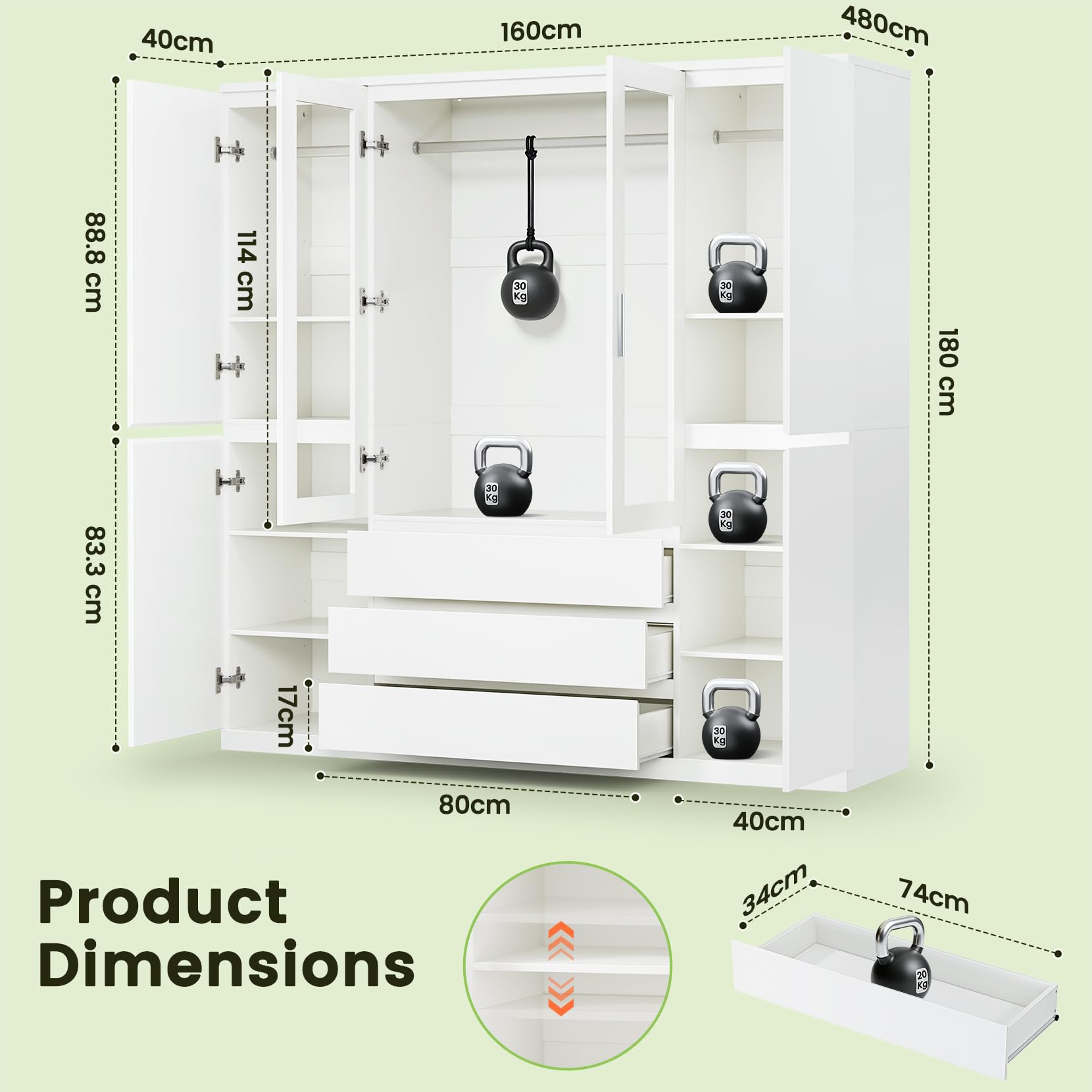 Dripex Sechs Tore Kleiderschrank, 160x48x180cm, 3 Schubladen Wardrobe Closet Weiß