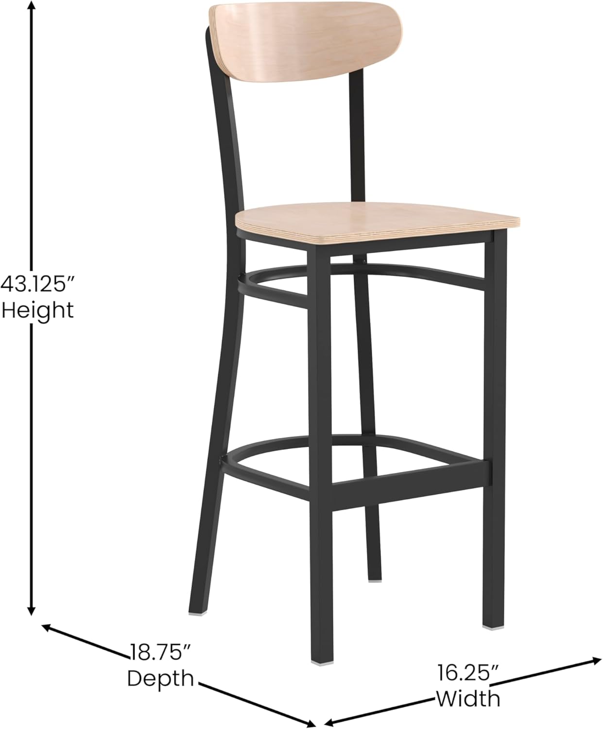 Flash Furniture Wright Commercial Grade Barstool - Natural Birch Finish Solid Wood Seat and Boomerang Back - 500 LB. Capacity Black Steel Frame - Integrated Footrest