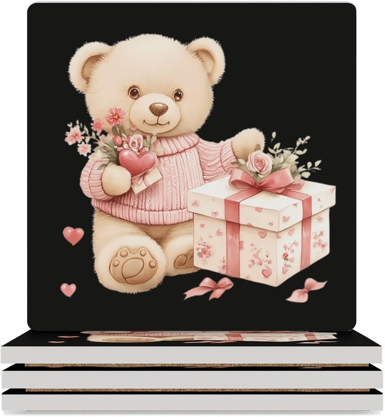 Teddy Bear Valentines Gifts Funny Ceramic Coasters for Drinks Absorbent Cup Holder Tabletop Protector with Cork Base