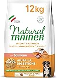 Natural Trainer Sensitive No Gluten Medium & Maxi Adult Crocchette Cani con Salmone e Cereali Integrali 12kg - Alimento Secco Monoproteico per Cani Adulti Taglia Media e Grande, Digestione Sensibile