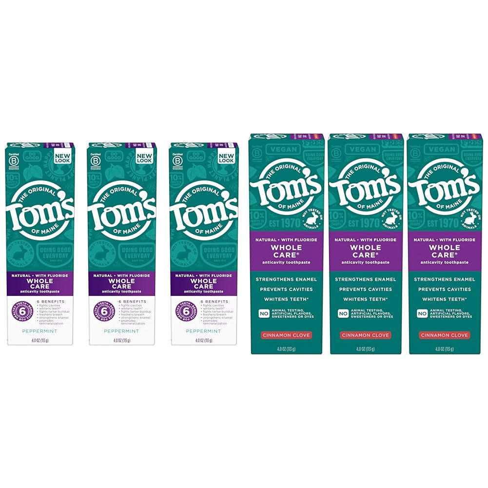 Toms of Maine Whole Care Natural Fluoride Toothpaste Bundle with Peppermint and Cinnamon Clove Three 4 oz 3-Packs