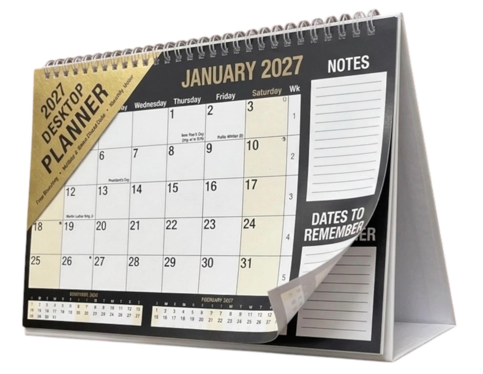PaulStore 2027 Desktop Calendar – Month to View Stand Up Calendar, Spiral Bound Free-Standing Flip Calendar for Home, Office, and School, Black & Gold (2027)