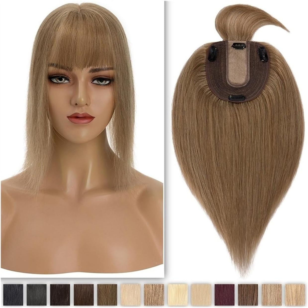 Wavy Wig Straight Hair Toppers for Women 10-18" Real Human Hair Toupee with Bangs 10x12CM Silk Base Top Clip in Straight Indian Hair Pieces for Thinning Hair Wig Grip ﻿(Size:18 inches,Color:60)