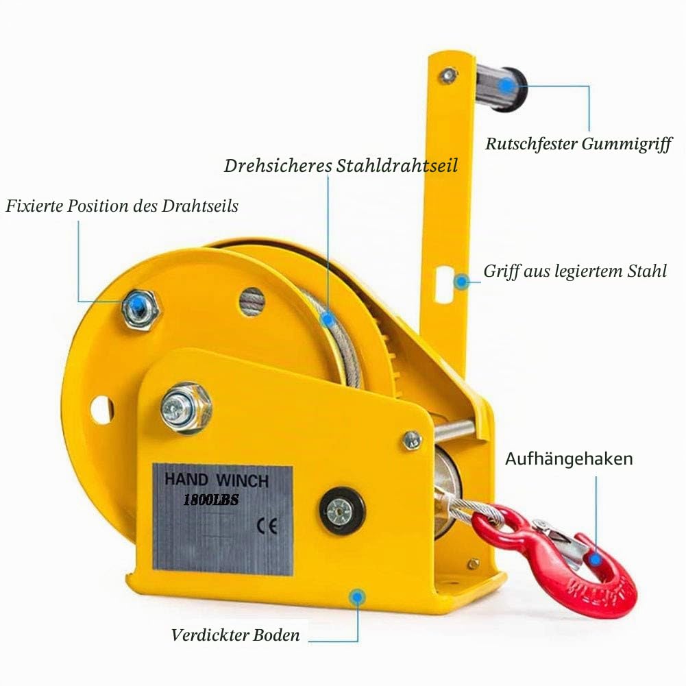 Hand-seilwinde, Profi Seilwinde Bootswinde Handwinde mit Drahtseil und Haken, 1200lbs/1800lbs, Handseilzug Forstseilwinde für Pickup Trucks Anhänger, 8m/15m/20m/30m1200lbs-30m